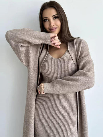 Black Friday Sonicelife Casual Knitted Sling Dresses Cardigan Set Women Loose Solid V-neck Knitwear Long Open Sweater Woman's Sets Autumn Chic Oufits