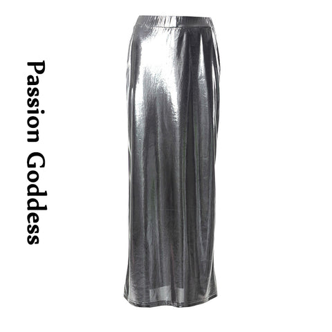 Sonicelife Y2K Lady Metallic Silver PU Leather Long Skirts Low Elastic Waist Maxi Skirts Summer Party Women Sexy Metallic Color Slim Skirts