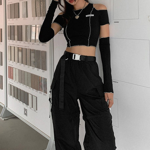 Sonicelife-Y2K Black Cold Shoulder Long Sleeve  Ruffle Hem Crop Top Blouse