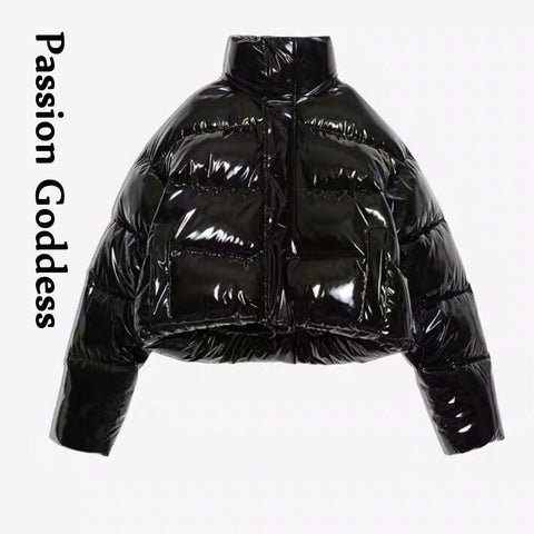 Sonicelife Winter Women Bright PU Pink Puffer Jacket Thick Bubble Coat Zipper Glossy Leather Down Parka Outerwear Stand Collar Loose Jacket