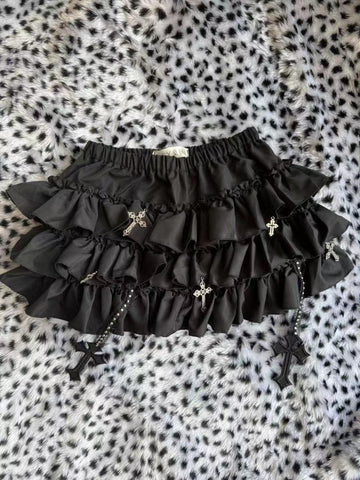 Sonicelife Y2k Gothic Elastic Waist Cross Short Skirt Women Sweet Hot Girl Chic High Waist Ruffle Skirts Female Design Retro Cake Skirt New