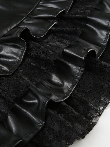 Sonicelife Harajuku Y2k Pu Cake Skirt Women Dark Gothic Cyber Punk Streetwear Hotsweet Lace Patchwork Low Waist Skirt Without Belt