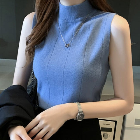 Sonicelife-Elegant Casual Sleeveless Knitted Half Turtleneck Blouse