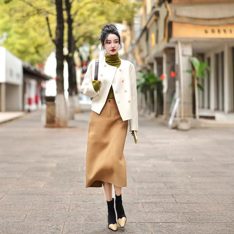 thanksgiving outfit Sonicelife Fashionable High-End Tweed Style Women's Sweater Skirt Leather Jacket Suit New Arrival Autumn 2024 Elegant and Stylish