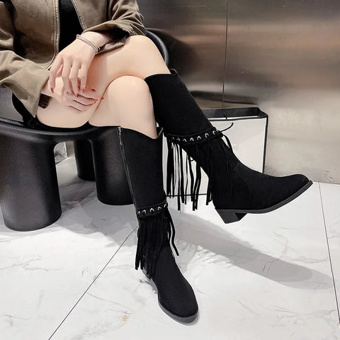 Sonicelife Luxury Shoes for Women 2025  Fashion Bohemia Knee-length Women's Boots New Pointed Tassels Faux Suede Boots Ladies Platform Shoes