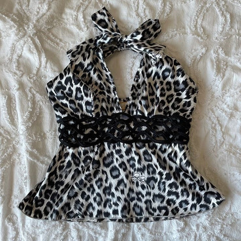 Sonicelife Y2k Tops Camis Women Clothing Leopard Punk Sexy Sling Lace Aesthetic Crop Top Baby Tee Slim Gothic Backless Femme Grunge T shirt