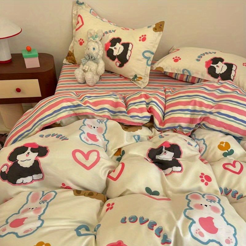 Sonicelife Kawaii Bedding Set for Kids Ins Twin Queen Size Duvet Cover Flat Sheet Pillowcase No Filler Girls Boys Home Totel Bed Linens