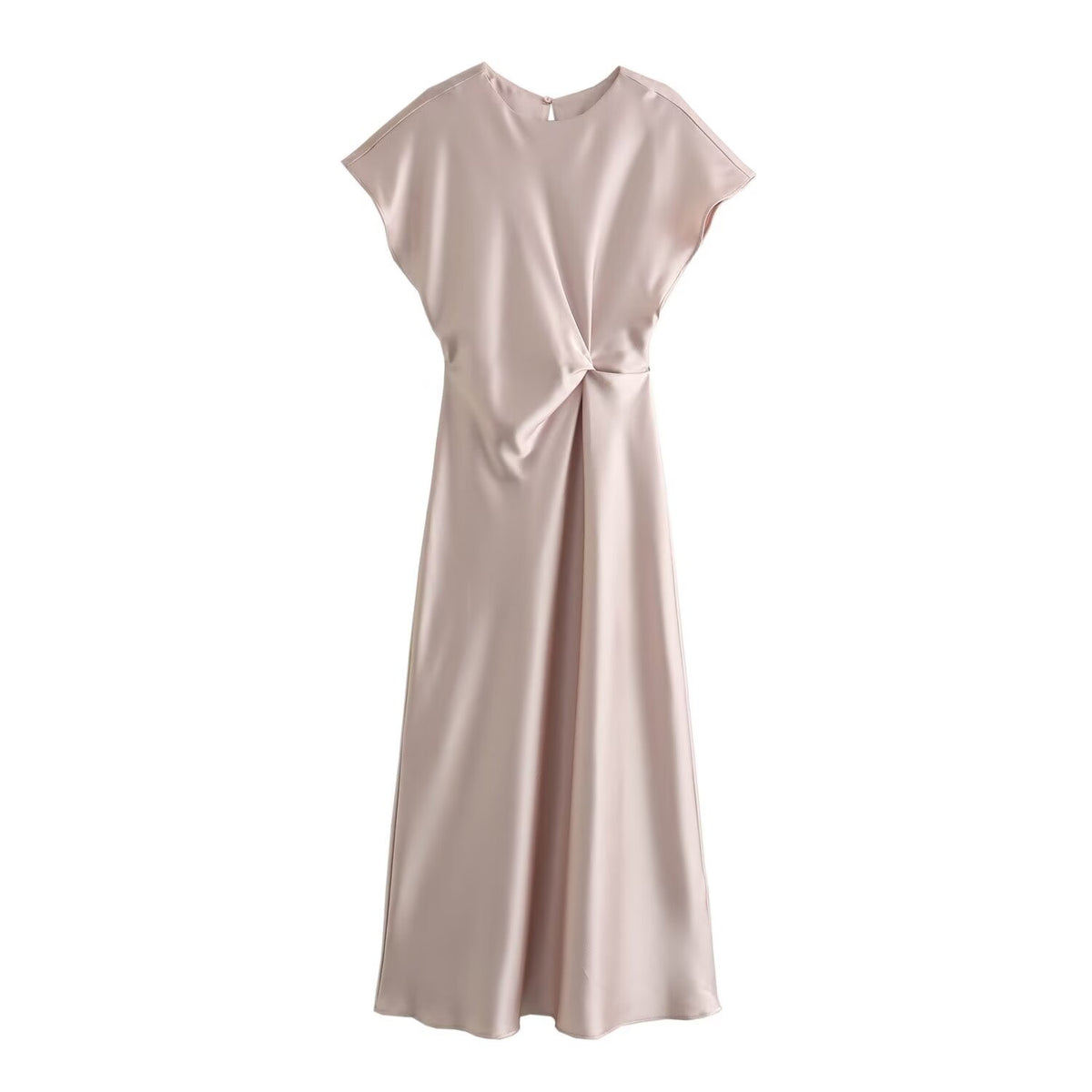Sonicelife Women's Pleated Round Neck Sleeveless Silk Dress, Satin Texture, Minimalist Temperament, New