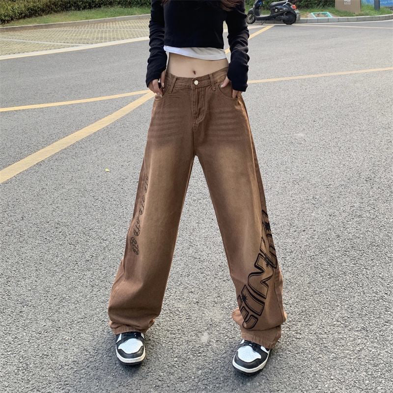 Sonicelife Vintage Y2k Letter Brown Jeans Women Streetwear High Waist American Denim Pants Loose Hip Hop Harajuku Bf Retro Trousers