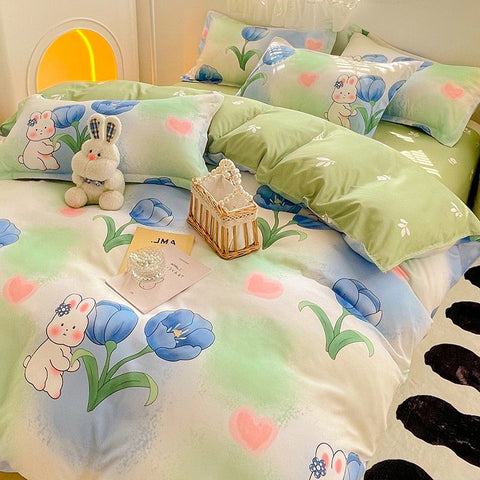 Sonicelife Flowers Rabbit Bedding Set Ins No Filler Single Queen Size Duvet Cover Flat Sheet Pillowcase Girls Boys New Comforter Duvet