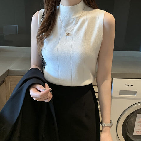 Sonicelife-Elegant Casual Sleeveless Knitted Half Turtleneck Blouse