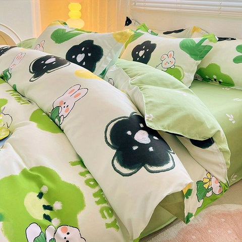 Sonicelife Cute Rabbit Carrot Bedding Set Soft Green Flat Sheet Quilt Cover Pillowcase Bed Linen Twin Queen Full Size Floral Duvet Cover