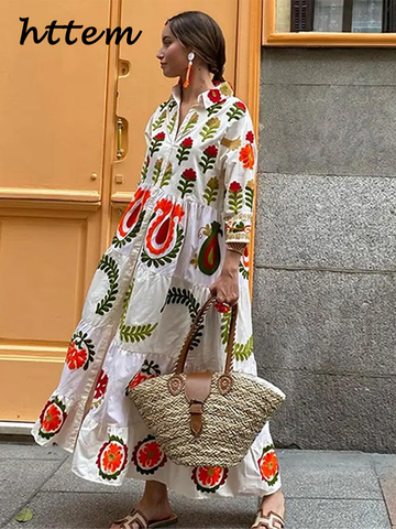 Sonicelife Loose Print Ruffles Long Dress Women Fashion Lapel Single Breasted Long Sleeve Female Dresses 2024 Summer Lady Holiday Robes New