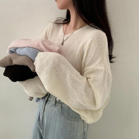 Sonicelife Solid Color V-Neck Oversized Knitted Tee