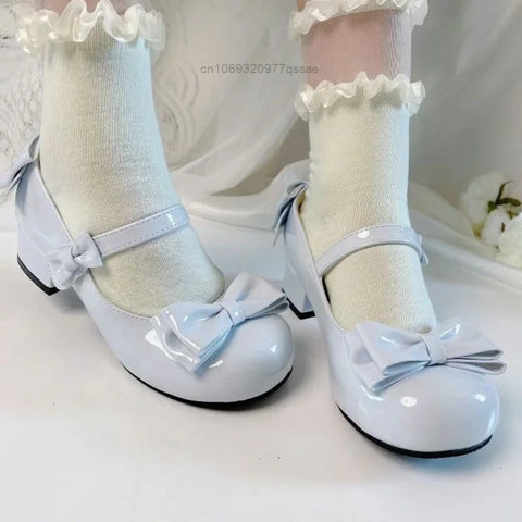 Sonicelife 2025 Lolita Style Cute Round Head  Jane Pumps With Bow Women's Sweet Party Dress Midi Heels Shoes Fashion PU Sandals