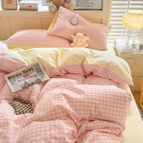 Sonicelife Pink Duvet Cover Set Classic Plaid Twin Queen Size Girls Boys Flat Sheet Pillowcase No Filler Soft Home Decor Bedding Set