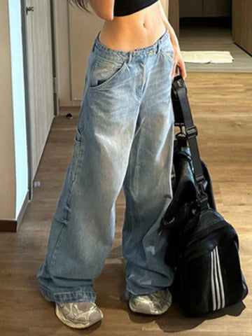 Sonicelife-Washed Big Pocket Patchwork Loose Boyfriend Jeans