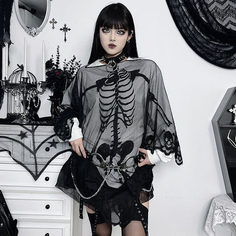 Sonicelife American Y2K Gothic Skull Lace Cape T-Shirt Women Retro Punk Street Loose Hollow Hot Girl Outerwear Halloween Festival Party Top