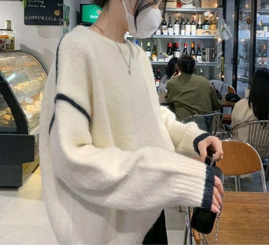 Black Friday Sonicelife Casual Knitted Contrast O-neck Sweater Women Loose Warm Pullover Sweaters Female Korean Autumn Chic Daily Street Outwear