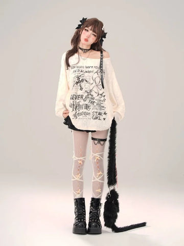 Sonicelife Sexy Hollow Out T Shirt Women Gothic Goth Grunge Dark Off Shoulder Tees Streetwear Letter Print Fashion Tops Autumn