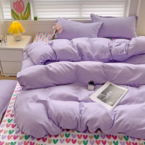 Sonicelife Ins Pink Plaid Bedding Set No Filler Twin Queen Size Comforter Cover Flat Sheet Pillowcase Girls Boys Solid Blanket Duvet Duvet