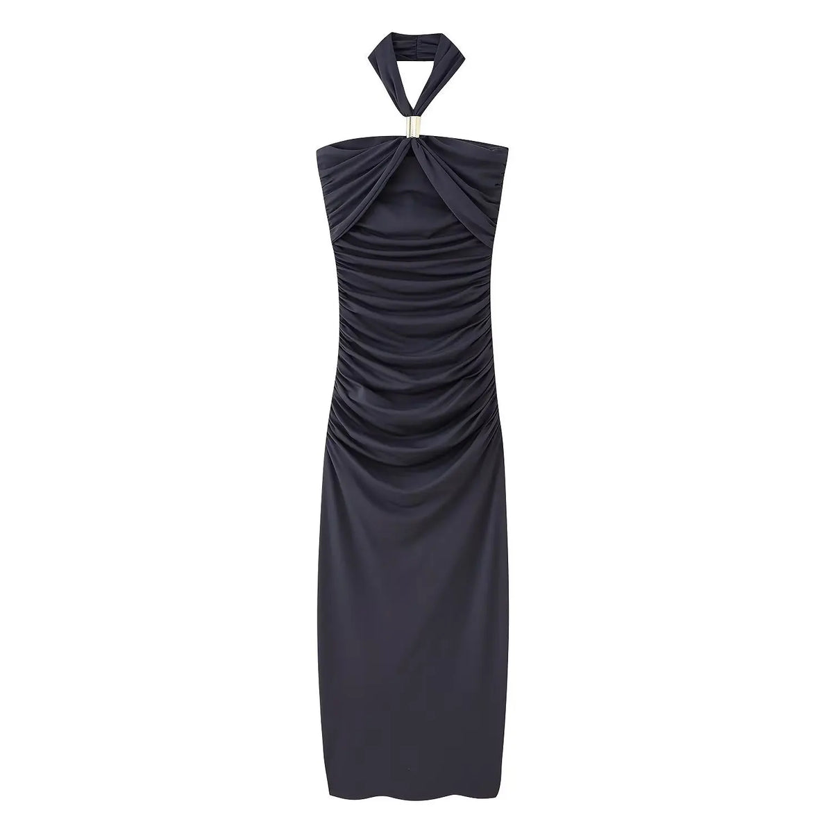 Sonicelife Elegant Sleeveless Backless Solid Color Midi Vestidos Woman Fashion Metal Ring Pleat Long Dresses New Summer Slim Fit Lady Robes