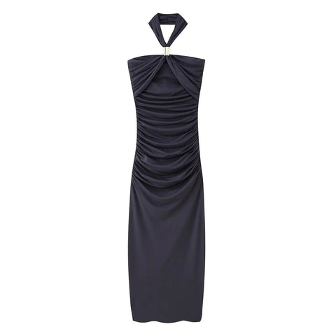 Sonicelife Elegant Sleeveless Backless Solid Color Midi Vestidos Woman Fashion Metal Ring Pleat Long Dresses New Summer Slim Fit Lady Robes