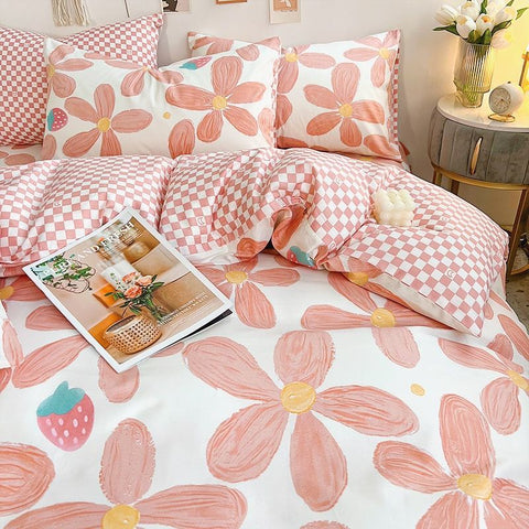 Sonicelife Pink Floral Bedding Set Soft Ins Single Double Queen Size Duvet Cover Flat Sheet Pillowcase Girls Home Totel Bed Linens