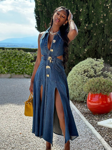 Sonicelife Hollow Out Denim Long Dress Women Slim Lapel Sleeveless Metal Buckle Multi Split Female Dresses 2024 Summer Lady Chic Streetwear