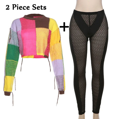 Sonicelife Women 2 Piece Knitted Sweaters Perspective Mesh Leggings Sets Cashmere Tassel Cropped Sweater Leggings Knit Two Piece Outfits