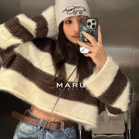 christmas outfit Sonicelife Spring and Autumn Korean Style Simple Knitted Round Neck Wide Striped Sweater Short Loose Long Sleeve Round Neck Women's Top