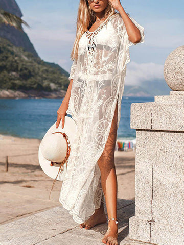 Sonicelife-Beach Crochet Hollow Lace Sun Protection Maxi Dress