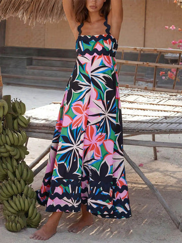 Sonicelife-Printed Suspender Maxi Dress