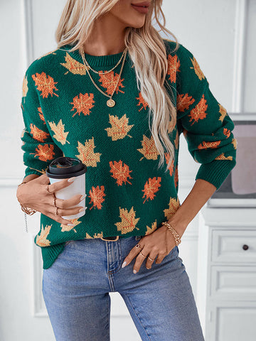 christmas outfit Sonicelife Long Sleeves Loose Contrast Color Jacquard Knitted Leaves Split-Joint Round-Neck Pullovers Sweater Tops