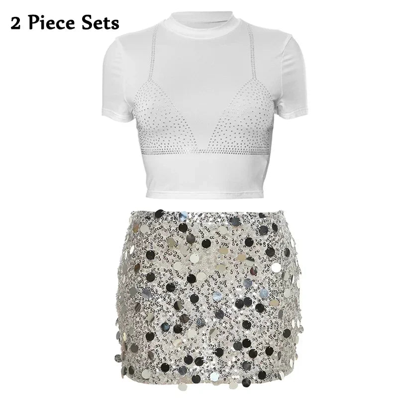 Sonicelife Party Sexy Women 2 Piece Shiny Rhinestone Sequin T Shirts Mini Skirts Sets Cropped Tops Glitter Bodycon Skirts Two Piece Outfits