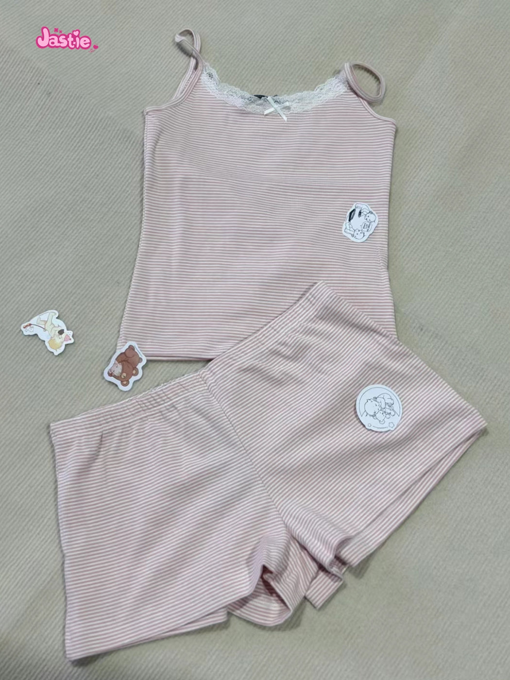 Sonicelife Homewear Stripe Sweet Pink Tank Camis Asn Shorts Two Piece Set For Women Chic Y2K Lace Crop Tops Shorts Sports Summer Women Suit
