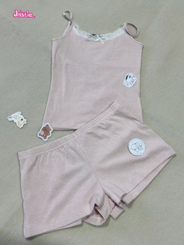 Sonicelife Homewear Stripe Sweet Pink Tank Camis Asn Shorts Two Piece Set For Women Chic Y2K Lace Crop Tops Shorts Sports Summer Women Suit