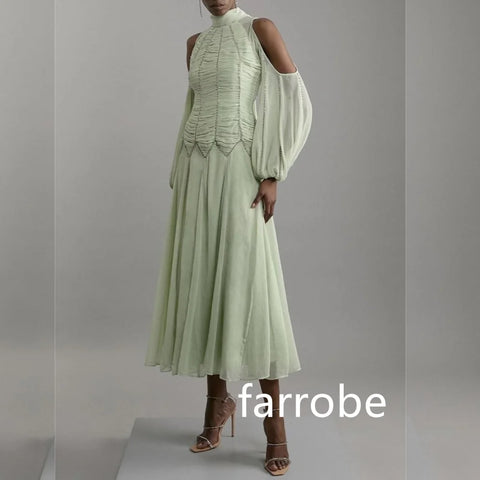 Sonicelife Customized Simple Chiffon Pleat A-line High Collar Midi Dresses Cocktail Dresses Classic Exquisite Modern Style Pastrol  Chinese (PRE-ORDER)