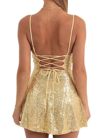 Sonicelife hoco dresses-Sequin Backless Tie Up Mini Dress