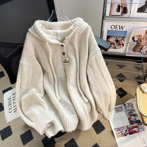 Black Friday Sonicelife Korean Loose Solid Hooded Sweater Women Casual Knitted Buttons Soft Pullover Sweaters Female Autumn Chic Daily Warm Streetwear