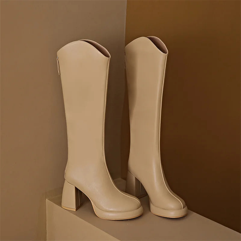 Sonicelife Women Knee High Boots 3cm Platform 8cm High Heels Square Mid Heels White Boots Lady Fetish Stripper Booties Leather Zipper Shoes