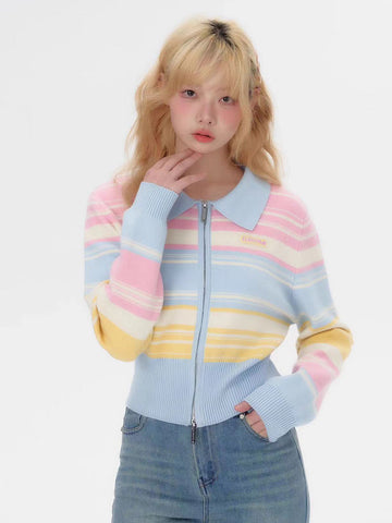 Sonicelife Fashion Rainbow Cardigan Sweaters Women Casual Zipper Sweet Knitted Short Coat Japan Slim Long Sleeve Female Fall Tops New