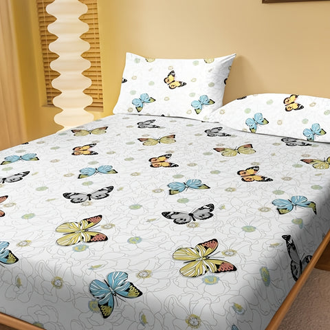 Sonicelife 3pcs Butterfly Print Fitted Sheet Set, Dustproof Non-slip Mattress Protector, Soft Comfortable Breathable Bedding Sheet Set