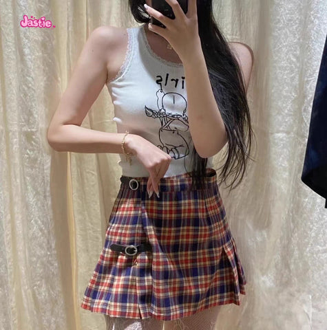Sonicelife Orange Plaid Leather Buckle Skirt For Women High Waisted Pleated Short A-line Women's Skirts Fashion Street Style Clothes Y2k