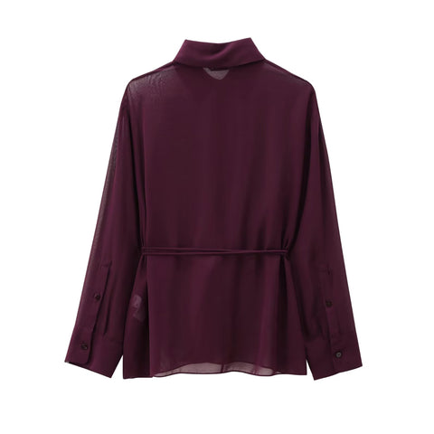 Sonicelife Women's Wine Red Shirt with Bow Tie Long-sleeved Top Slim Temperament Shirt Commuter Top Single Breasted Design New