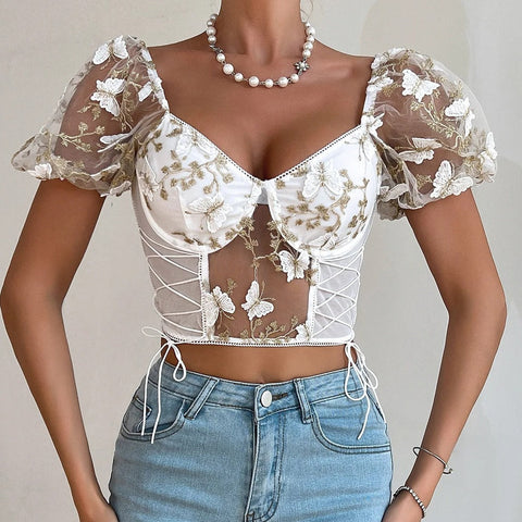 Sonicelife-Sexy Butterfly Embroidered V Neck Puff Sleeve Crop Top Blouse