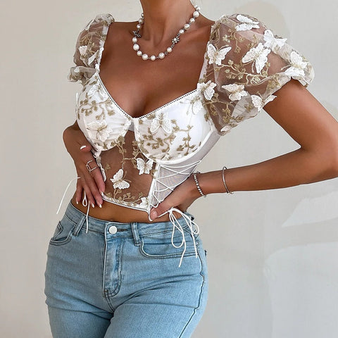 Sonicelife-Sexy Butterfly Embroidered V Neck Puff Sleeve Crop Top Blouse