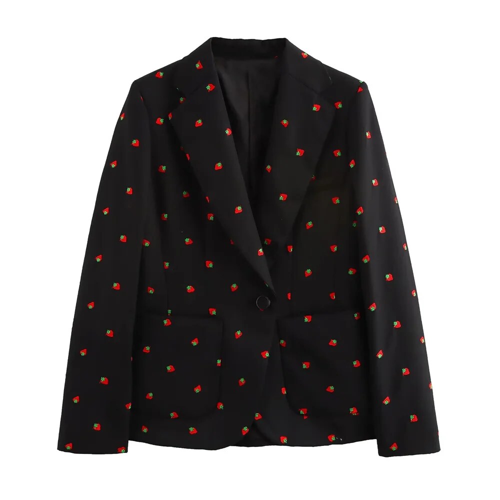 Black Friday Sonicelife Autumn New Product Women's Casual Retro Strawberry Embroidered Suit Coat High Waist Mini Skirt Fashion Set