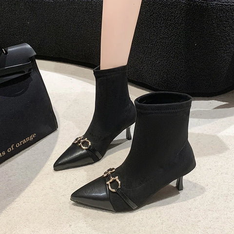 Sonicelife New Winter British Boots Matal Buckle Pointed Toes Cat Heel Design Soft Leather Booties Stiletto Women Sexy Fashion Thin Boot