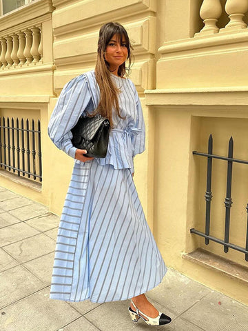 Sonicelife Elegant Stripe Print Skirt Set Women Fashion Belt Lantern Sleeve Shirt Pleated Long Skirts 2024 Spring Summer Casual Lady Outfit